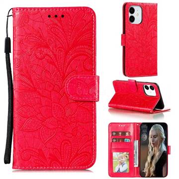 Intricate Embossing Lace Jasmine Flower Leather Wallet Case for iPhone 12 / 12 Pro (6.1 inch) - Red