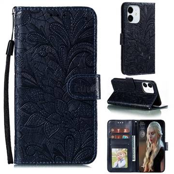 Intricate Embossing Lace Jasmine Flower Leather Wallet Case for iPhone 12 / 12 Pro (6.1 inch) - Dark Blue