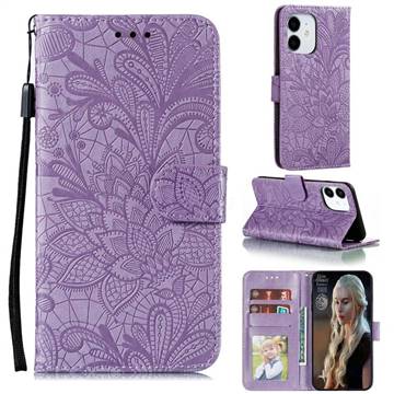 Intricate Embossing Lace Jasmine Flower Leather Wallet Case for iPhone 12 / 12 Pro (6.1 inch) - Purple