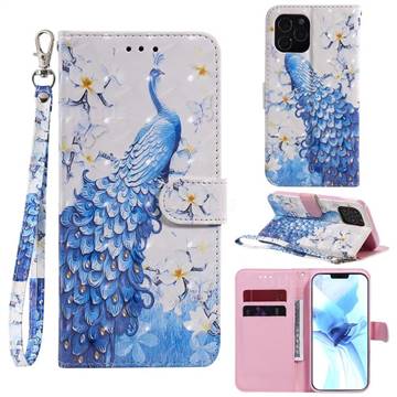 Blue Peacock 3D Painted Leather Wallet Phone Case for iPhone 12 / 12 Pro (6.1 inch)