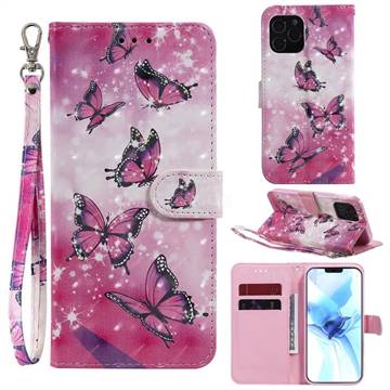 Pink Butterfly 3D Painted Leather Wallet Phone Case for iPhone 12 / 12 Pro (6.1 inch)