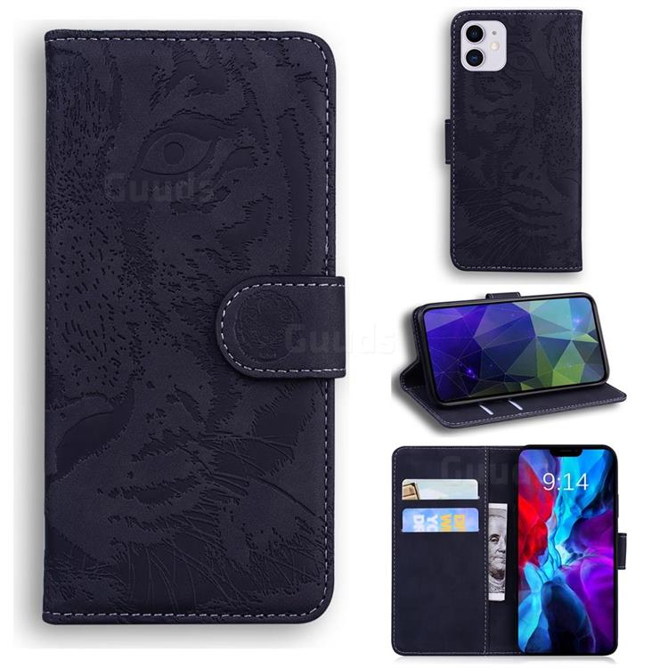Intricate Embossing Tiger Face Leather Wallet Case for iPhone 12 / 12 Pro (6.1 inch) - Black