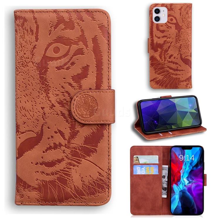Intricate Embossing Tiger Face Leather Wallet Case for iPhone 12 / 12 Pro (6.1 inch) - Brown