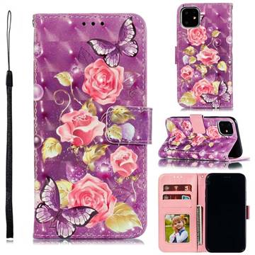 Purple Butterfly Flower 3D Painted Leather Phone Wallet Case for iPhone 12 / 12 Pro (6.1 inch)