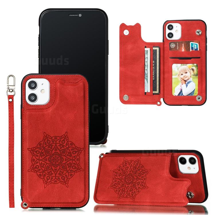 Luxury Mandala Multi-function Magnetic Card Slots Stand Leather Back Cover for iPhone 12 / 12 Pro (6.1 inch) - Red