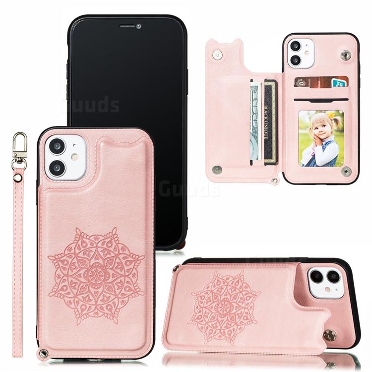 Luxury Mandala Multi-function Magnetic Card Slots Stand Leather Back Cover for iPhone 12 / 12 Pro (6.1 inch) - Rose Gold