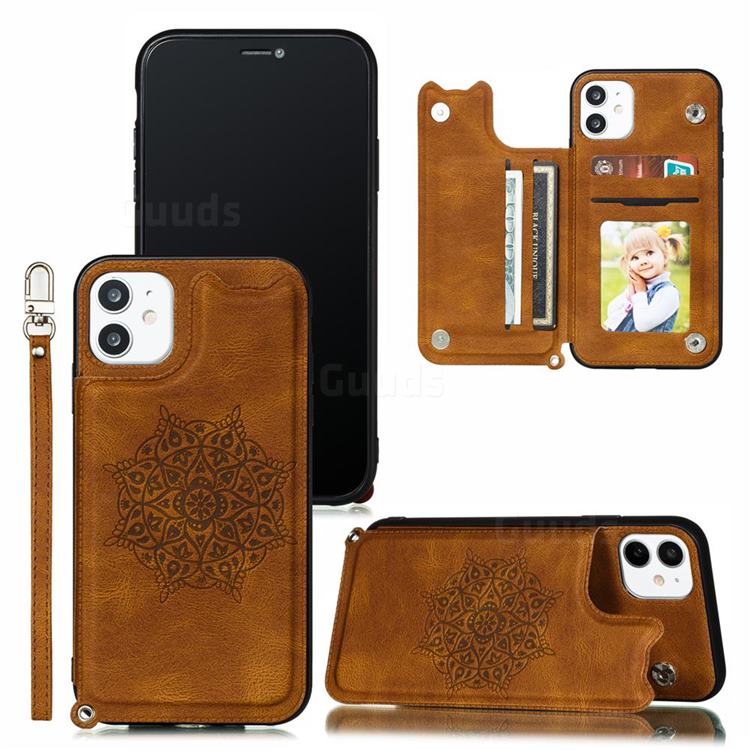 Luxury Mandala Multi-function Magnetic Card Slots Stand Leather Back Cover for iPhone 12 / 12 Pro (6.1 inch) - Brown