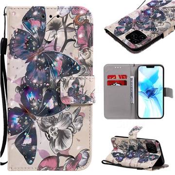 Black Butterfly 3D Painted Leather Wallet Case for iPhone 12 / 12 Pro (6.1 inch)