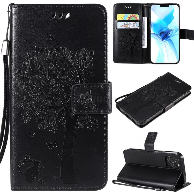 Embossing Butterfly Tree Leather Wallet Case for iPhone 12 / 12 Pro (6.1 inch) - Black