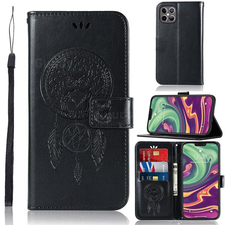 Intricate Embossing Owl Campanula Leather Wallet Case for iPhone 12 / 12 Pro (6.1 inch) - Black