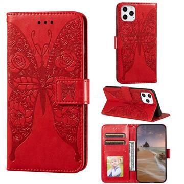 Intricate Embossing Rose Flower Butterfly Leather Wallet Case for iPhone 12 / 12 Pro (6.1 inch) - Red
