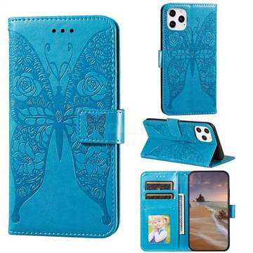 Intricate Embossing Rose Flower Butterfly Leather Wallet Case for iPhone 12 / 12 Pro (6.1 inch) - Blue