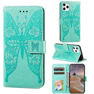Intricate Embossing Rose Flower Butterfly Leather Wallet Case for iPhone 12 / 12 Pro (6.1 inch) - Green