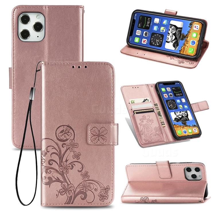 Embossing Imprint Four-Leaf Clover Leather Wallet Case for iPhone 12 / 12 Pro (6.1 inch) - Rose Gold