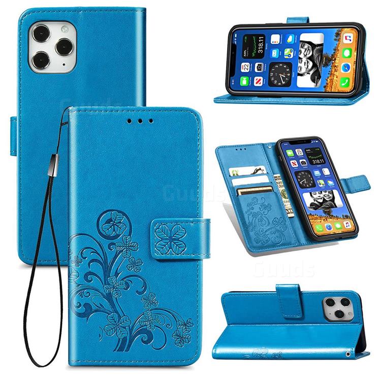 Embossing Imprint Four-Leaf Clover Leather Wallet Case for iPhone 12 / 12 Pro (6.1 inch) - Blue
