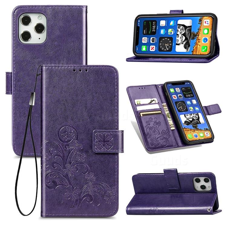 Embossing Imprint Four-Leaf Clover Leather Wallet Case for iPhone 12 / 12 Pro (6.1 inch) - Purple