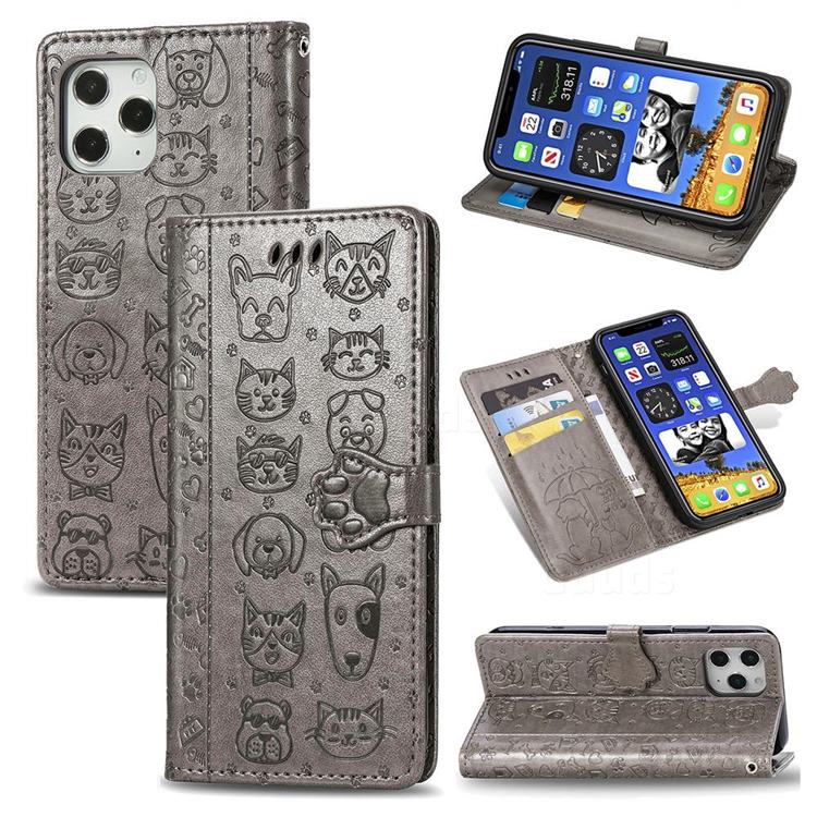 Embossing Dog Paw Kitten and Puppy Leather Wallet Case for iPhone 12 / 12 Pro (6.1 inch) - Gray