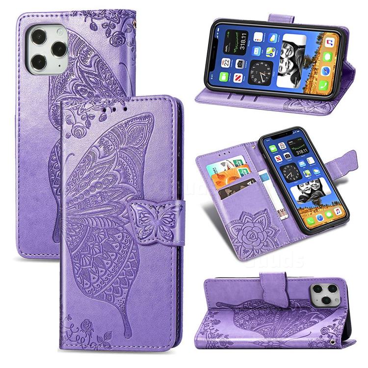 Embossing Mandala Flower Butterfly Leather Wallet Case for iPhone 12 / 12 Pro (6.1 inch) - Light Purple