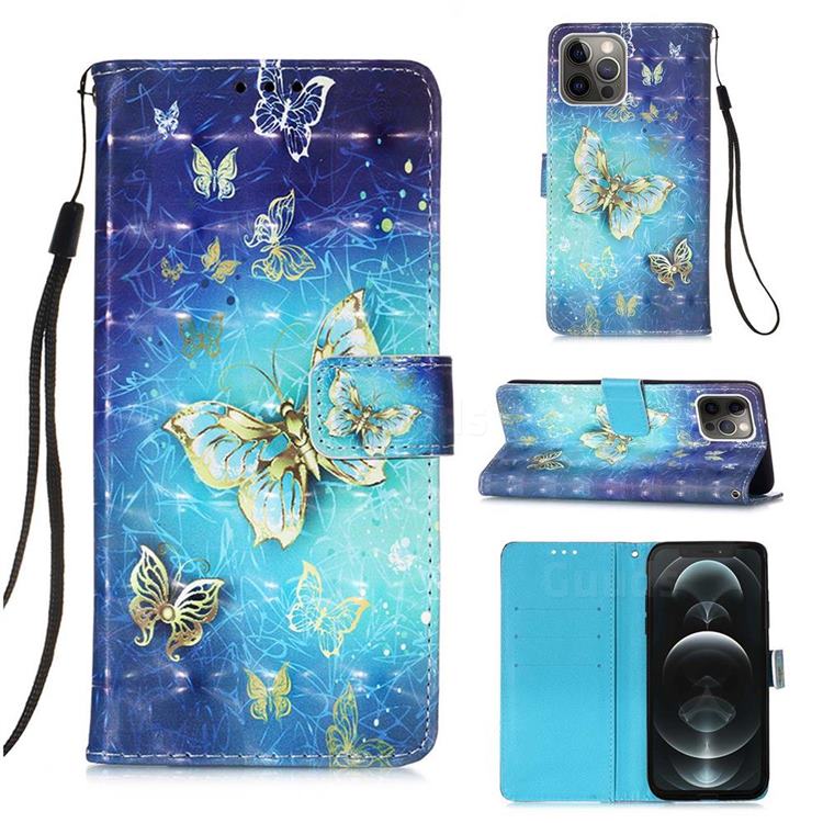 Gold Butterfly 3D Painted Leather Wallet Case for iPhone 12 / 12 Pro (6.1 inch)