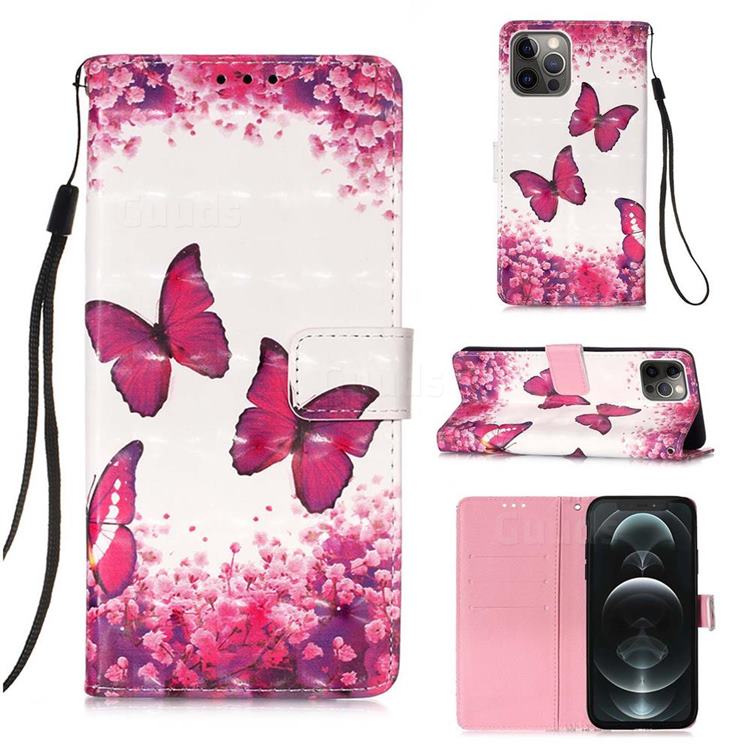 Rose Butterfly 3D Painted Leather Wallet Case for iPhone 12 / 12 Pro (6.1 inch)