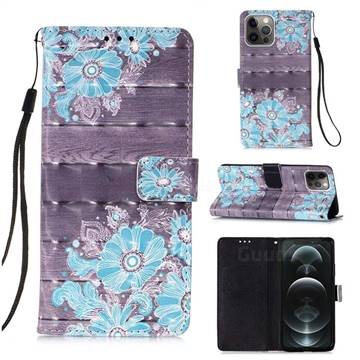 Blue Flower 3D Painted Leather Wallet Case for iPhone 12 / 12 Pro (6.1 inch)