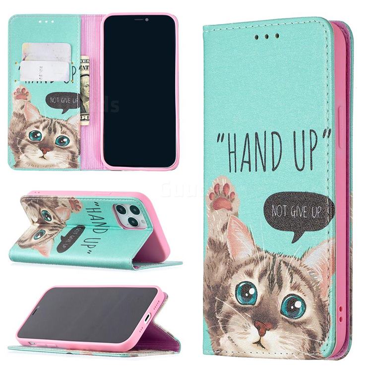 Hand Up Cat Slim Magnetic Attraction Wallet Flip Cover for iPhone 12 / 12 Pro (6.1 inch)