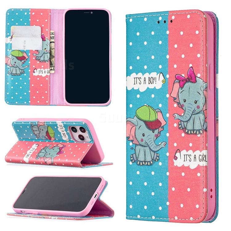 Elephant Boy and Girl Slim Magnetic Attraction Wallet Flip Cover for iPhone 12 / 12 Pro (6.1 inch)