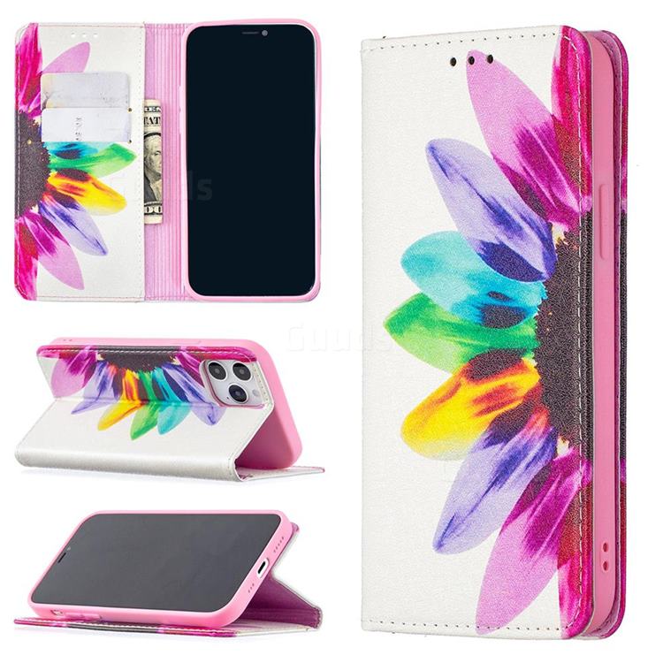 Sun Flower Slim Magnetic Attraction Wallet Flip Cover for iPhone 12 / 12 Pro (6.1 inch)