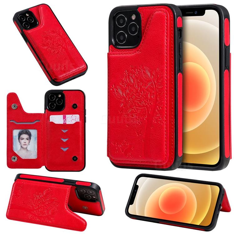 Luxury Tree and Cat Multifunction Magnetic Card Slots Stand Leather Phone Back Cover for iPhone 12 / 12 Pro (6.1 inch) - Red