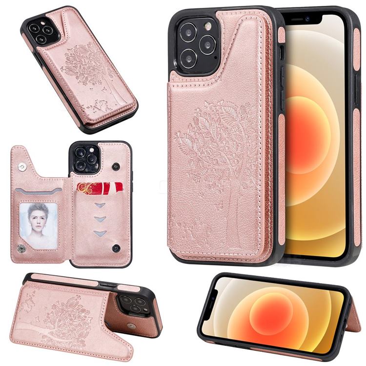 Luxury Tree and Cat Multifunction Magnetic Card Slots Stand Leather Phone Back Cover for iPhone 12 / 12 Pro (6.1 inch) - Rose Gold