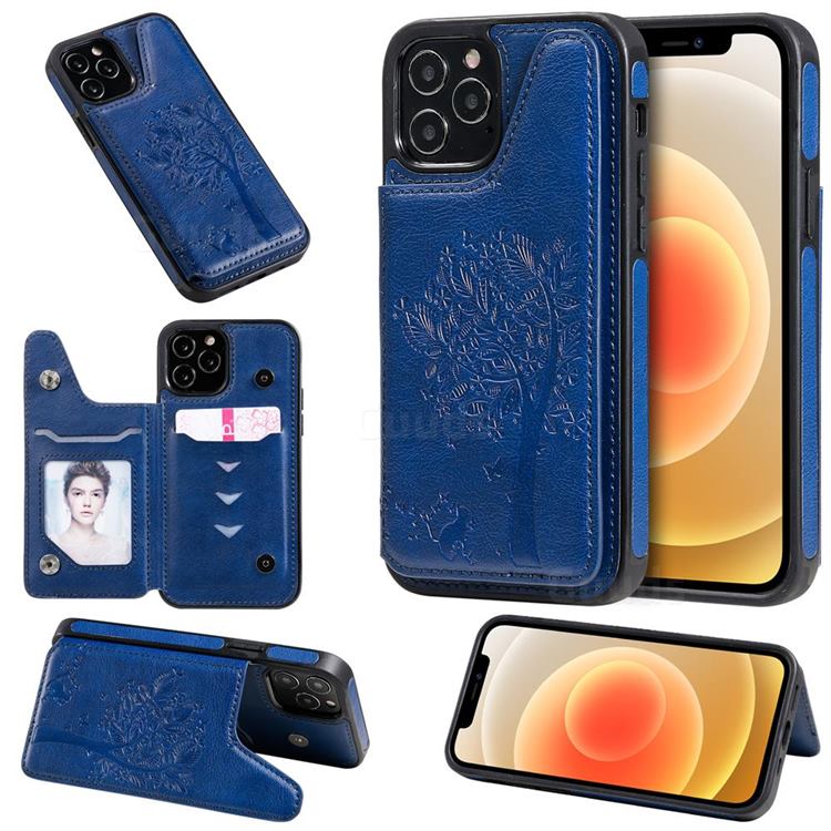 Luxury Tree and Cat Multifunction Magnetic Card Slots Stand Leather Phone Back Cover for iPhone 12 / 12 Pro (6.1 inch) - Blue