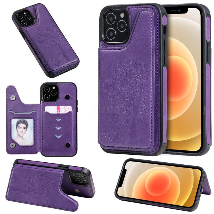 Luxury Tree and Cat Multifunction Magnetic Card Slots Stand Leather Phone Back Cover for iPhone 12 / 12 Pro (6.1 inch) - Purple