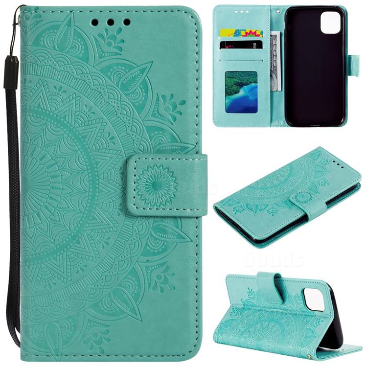 Intricate Embossing Datura Leather Wallet Case for iPhone 12 / 12 Pro (6.1 inch) - Mint Green
