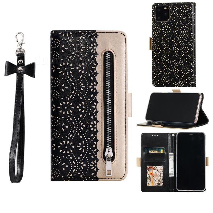 Luxury Lace Zipper Stitching Leather Phone Wallet Case for iPhone 12 / 12 Pro (6.1 inch) - Black