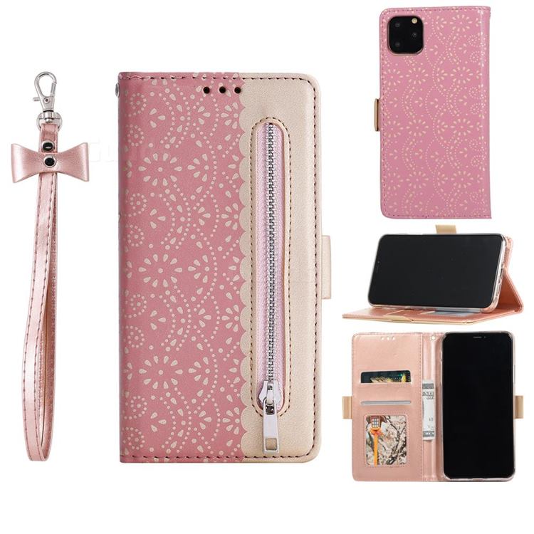 Luxury Lace Zipper Stitching Leather Phone Wallet Case for iPhone 12 / 12 Pro (6.1 inch) - Pink