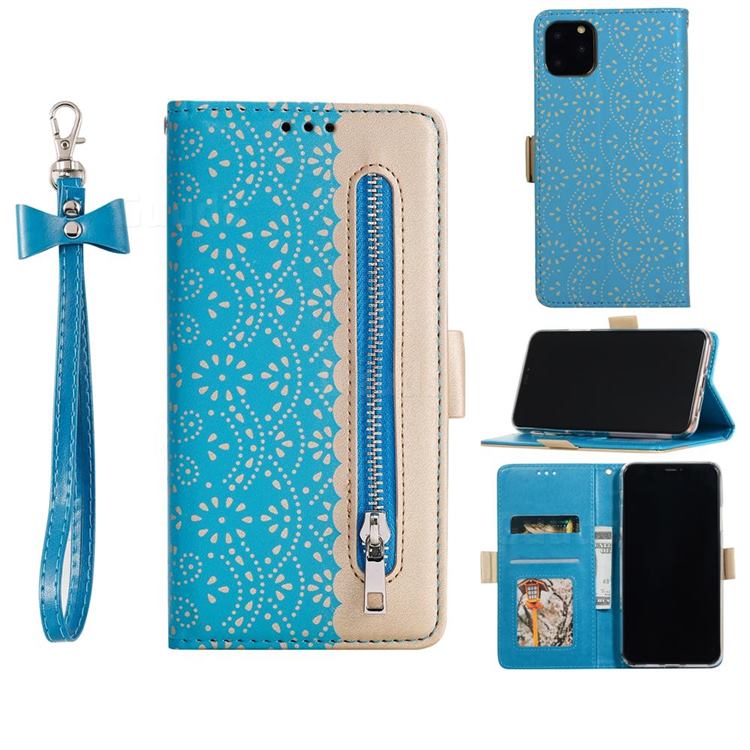 Luxury Lace Zipper Stitching Leather Phone Wallet Case for iPhone 12 / 12 Pro (6.1 inch) - Blue
