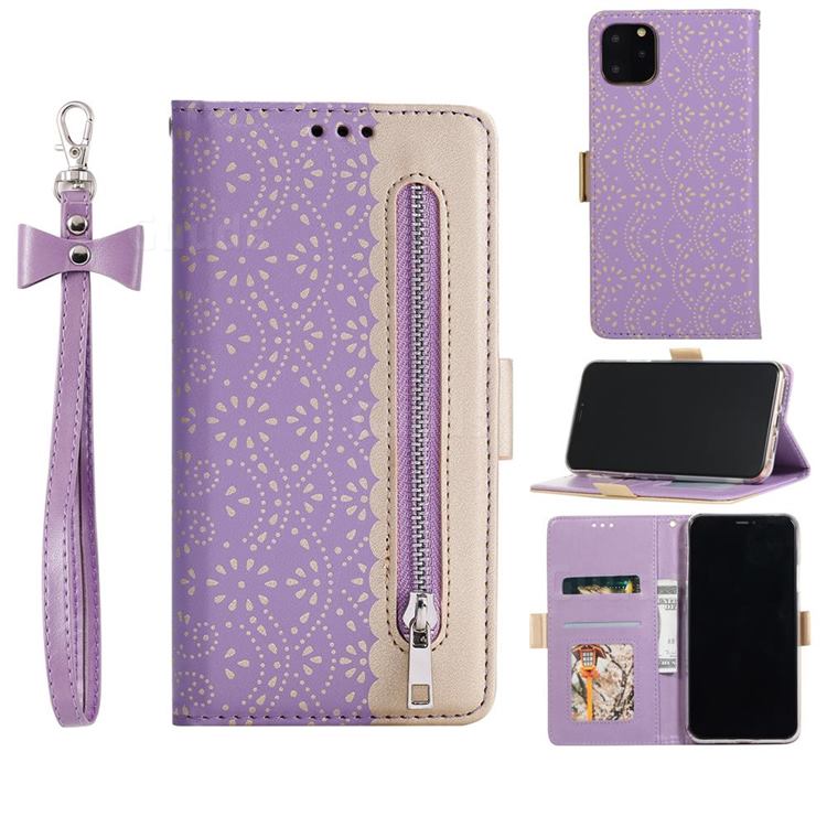 Luxury Lace Zipper Stitching Leather Phone Wallet Case for iPhone 12 / 12 Pro (6.1 inch) - Purple