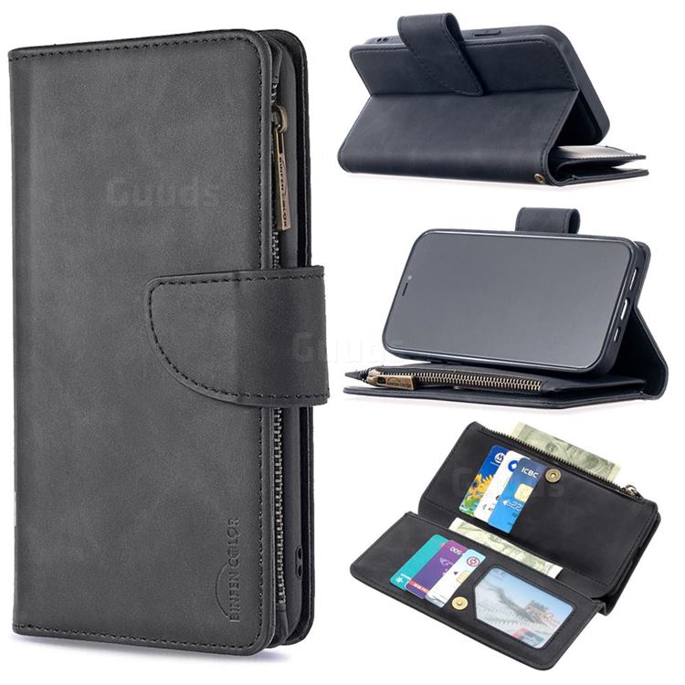Binfen Color BF02 Sensory Buckle Zipper Multifunction Leather Phone Wallet for iPhone 12 / 12 Pro (6.1 inch) - Black