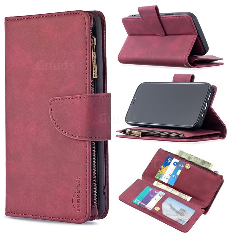 Binfen Color BF02 Sensory Buckle Zipper Multifunction Leather Phone Wallet for iPhone 12 / 12 Pro (6.1 inch) - Red Wine