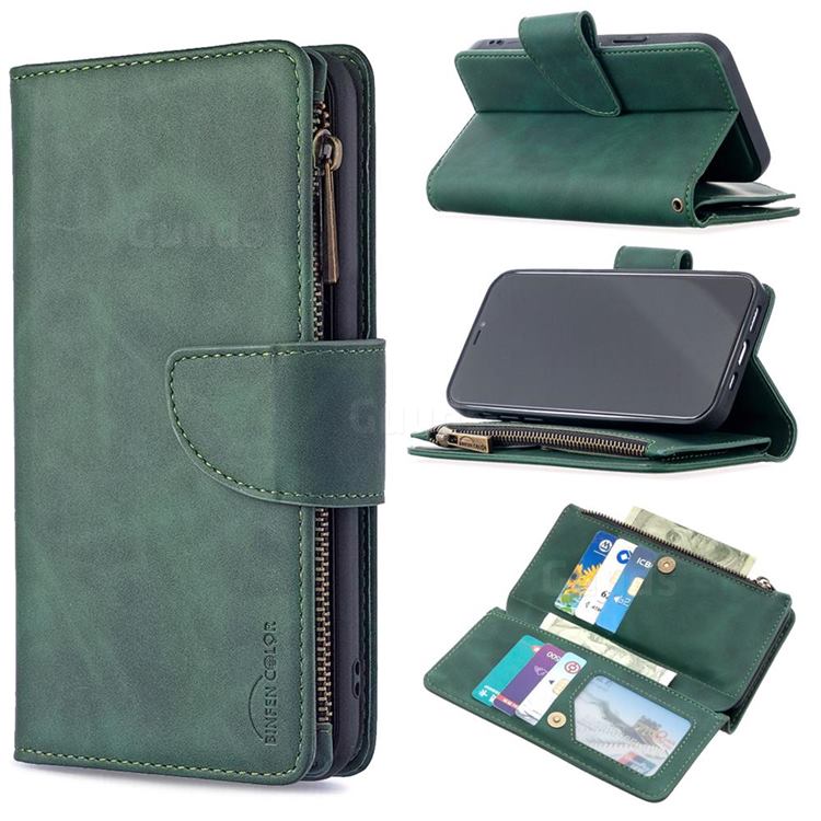 Binfen Color BF02 Sensory Buckle Zipper Multifunction Leather Phone Wallet for iPhone 12 / 12 Pro (6.1 inch) - Dark Green