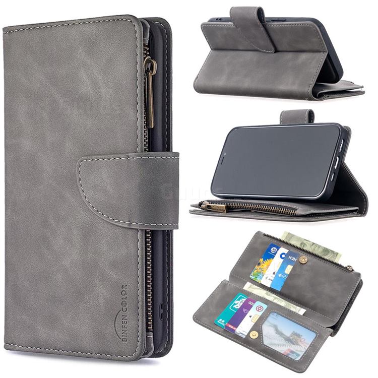 Binfen Color BF02 Sensory Buckle Zipper Multifunction Leather Phone Wallet for iPhone 12 / 12 Pro (6.1 inch) - Gray