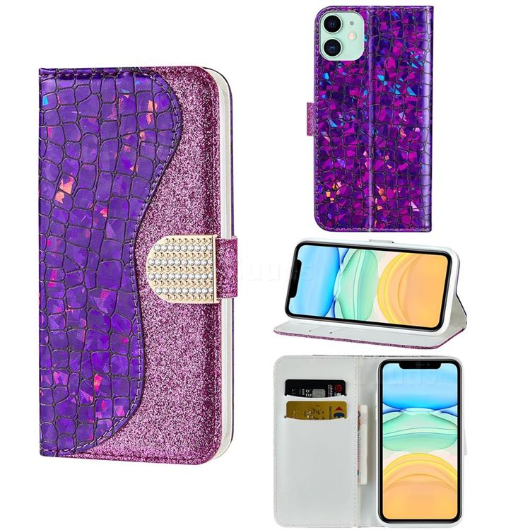 Glitter Diamond Buckle Laser Stitching Leather Wallet Phone Case for iPhone 12 / 12 Pro (6.1 inch) - Purple