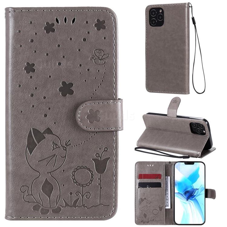 Embossing Bee and Cat Leather Wallet Case for iPhone 12 / 12 Pro (6.1 inch) - Gray