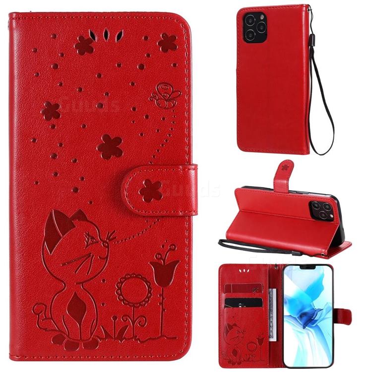 Embossing Bee and Cat Leather Wallet Case for iPhone 12 / 12 Pro (6.1 inch) - Red