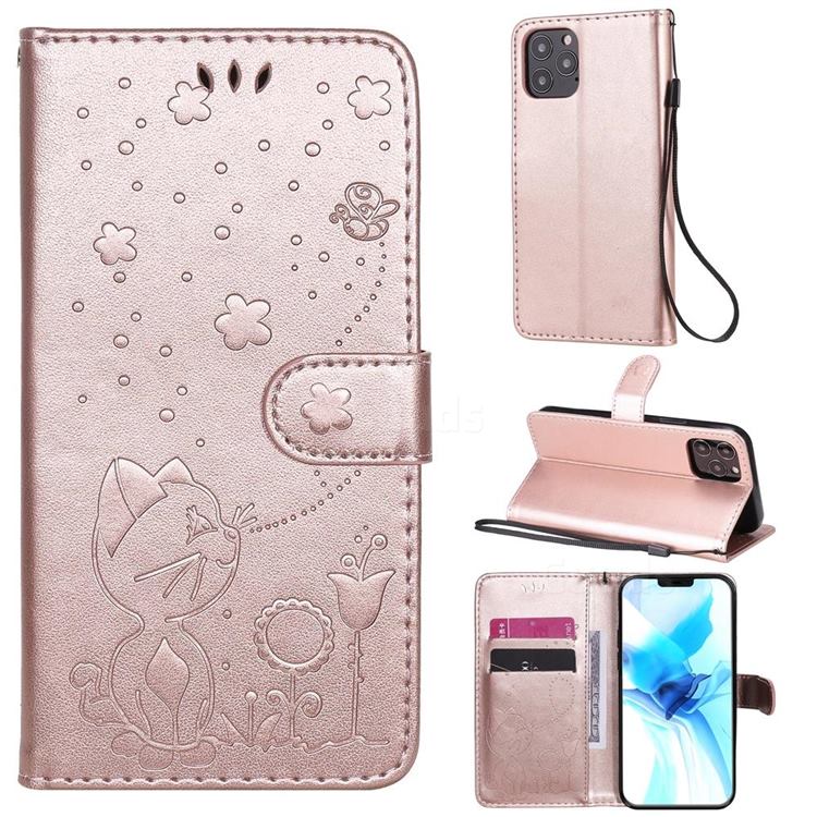 Embossing Bee and Cat Leather Wallet Case for iPhone 12 / 12 Pro (6.1 inch) - Rose Gold