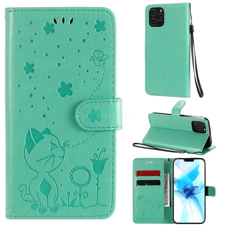 Embossing Bee and Cat Leather Wallet Case for iPhone 12 / 12 Pro (6.1 inch) - Green