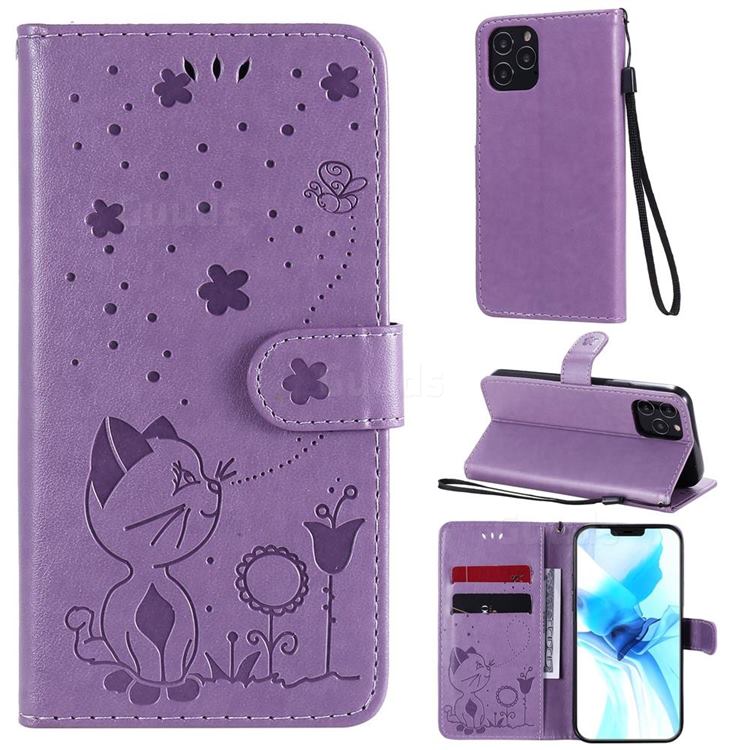 Embossing Bee and Cat Leather Wallet Case for iPhone 12 / 12 Pro (6.1 inch) - Purple