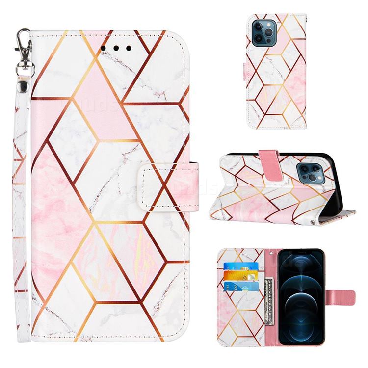 Pink White Stitching Color Marble Leather Wallet Case for iPhone 12 / 12 Pro (6.1 inch)
