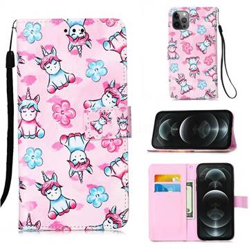 Unicorn and Flowers Matte Leather Wallet Phone Case for iPhone 12 / 12 Pro (6.1 inch)