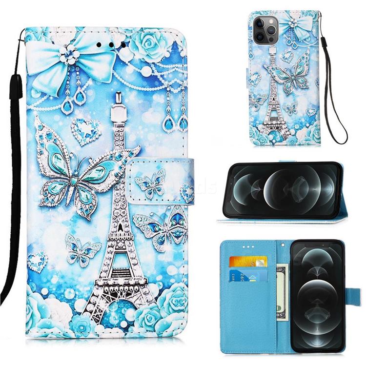 Tower Butterfly Matte Leather Wallet Phone Case for iPhone 12 / 12 Pro (6.1 inch)